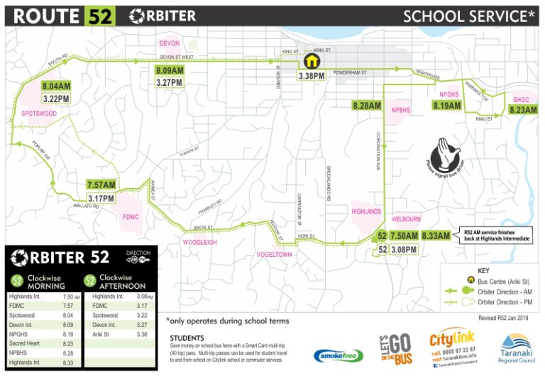 New Zealand TRC - Citylink School Buses Orbiter 52 Timetable, Route ...