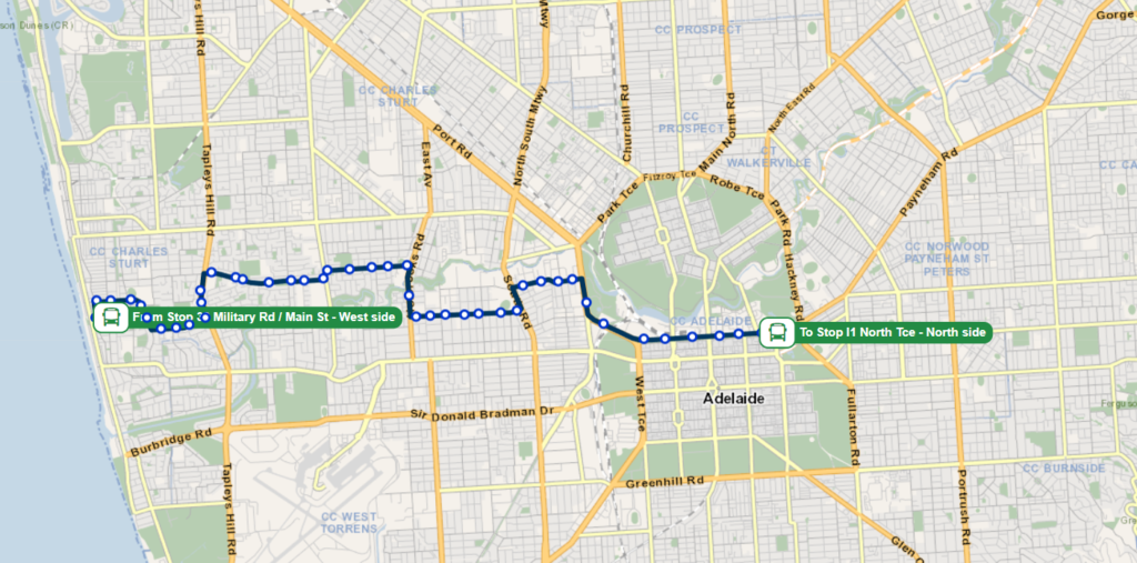 Adelaide Bus Route No 286 (City Buses(Western Routes)) runs from