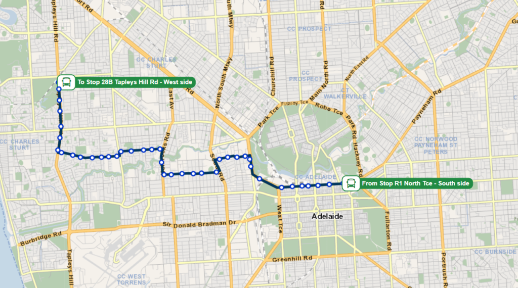 Adelaide Bus Route No 288S (City Buses(Western Routes)) runs from Adelaide city Centre to