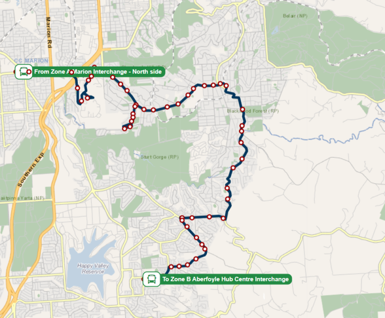 Adelaide Bus Route No 601B (Feeder Routes) runs from Old Reynella
