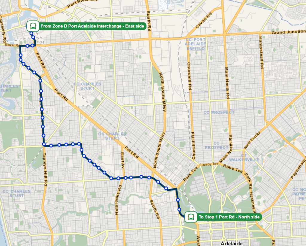 Adelaide Bus Route No 118 (City Buses(Western Routes)) runs from Port Adelaide Interchange to