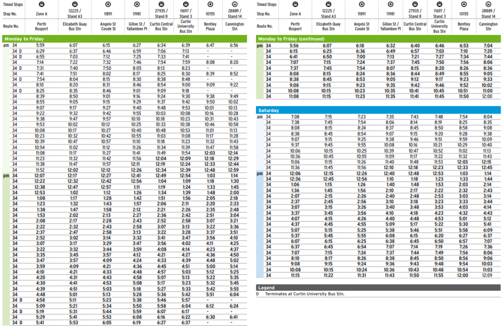 Transperth Bus Route 34 From Perth Cannington Stn Timetables, Route