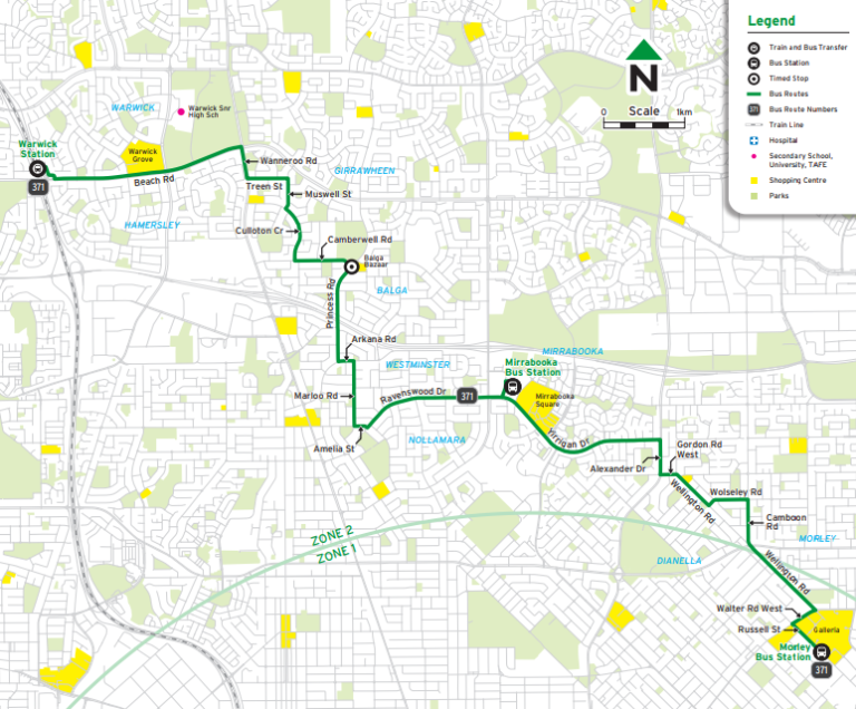 Transperth Bus Route 371 Morley Bus Stn to Warwick Stn Timetables